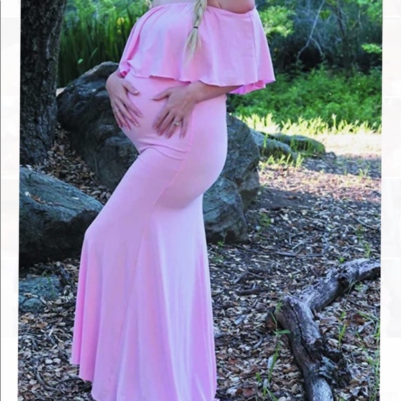 New Baby Pink Maternity Off Shoulder Maxi Dress - Picture 1 of 2